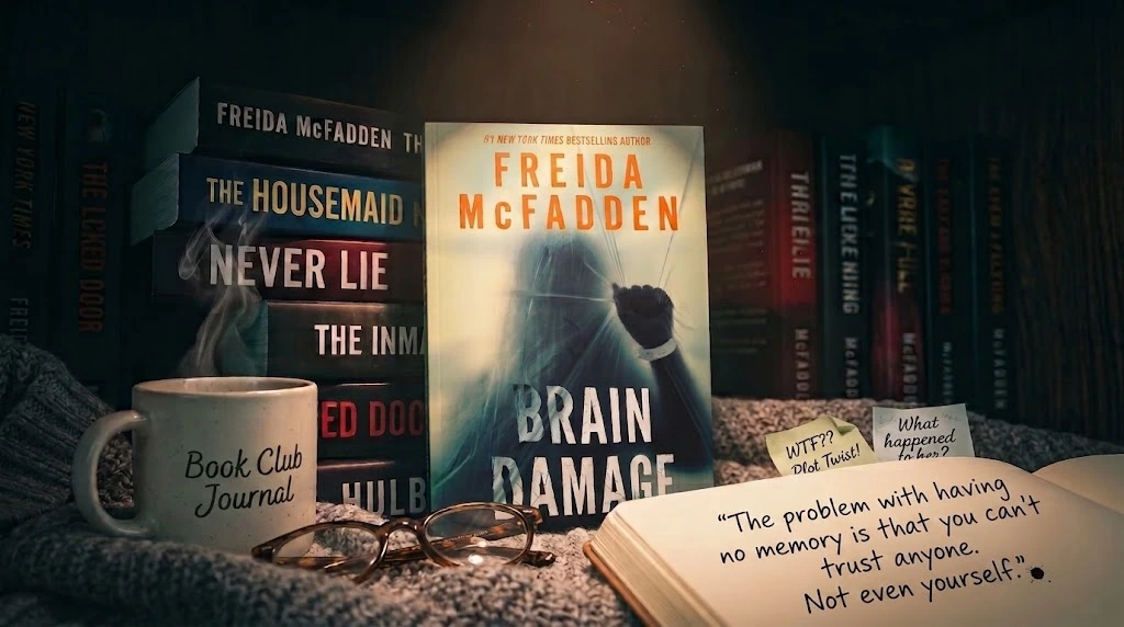 Brain Damage by Freida McFadden displayed with her other bestselling thriller novels