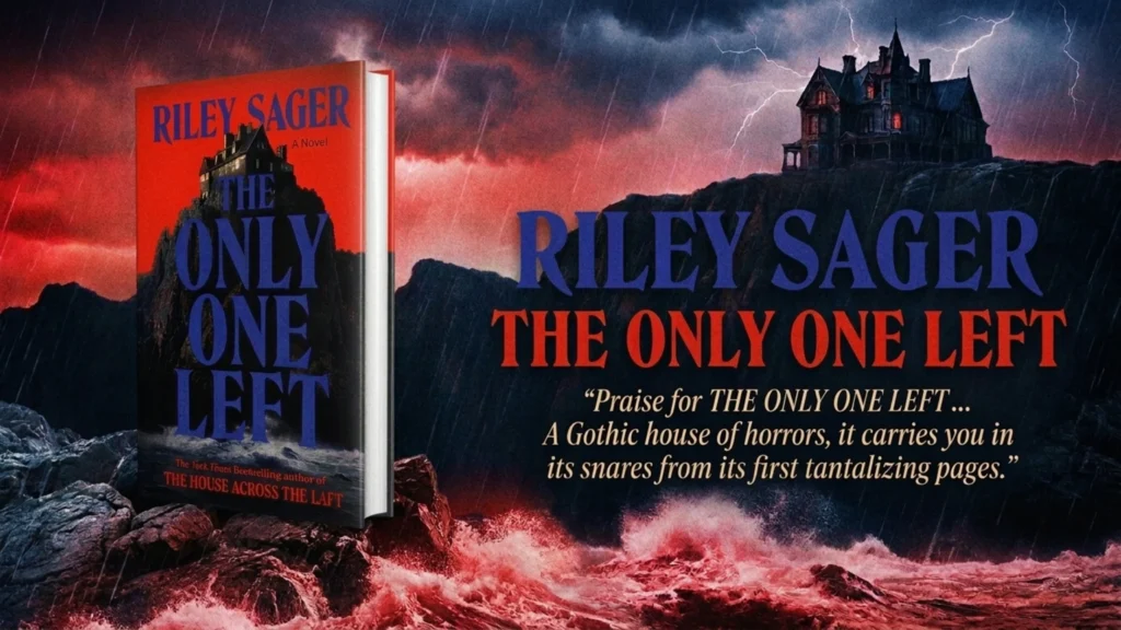 The Only One Left by Riley Sager promotional book banner with a stormy coastal Gothic mansion
