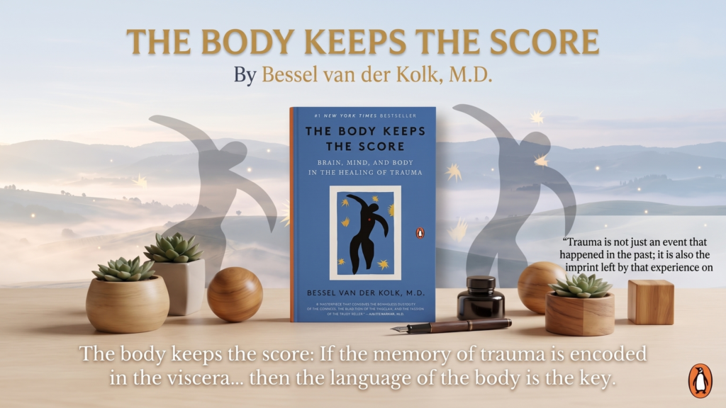 The Body Keeps the Score by Bessel van der Kolk book beside sage, stones, and a fountain pen on a desk