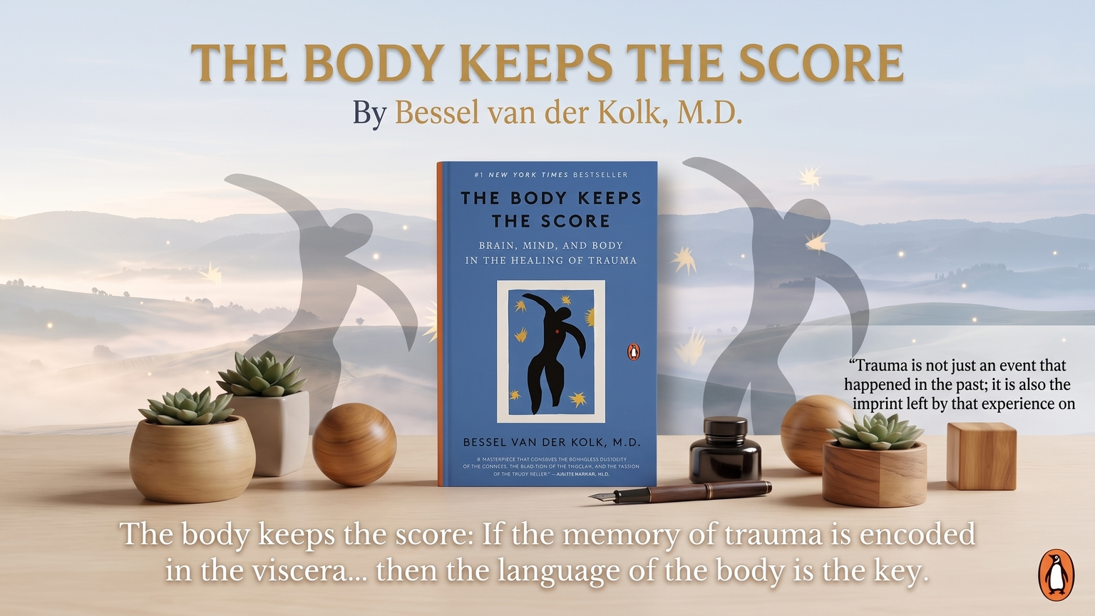 The Body Keeps the Score by Bessel van der Kolk book beside sage, stones, and a fountain pen on a desk